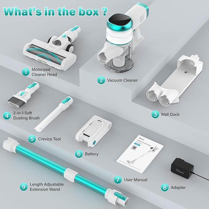 V500 Cordless Vacuum Cleaner for Home, 40000Pa/450W Stick Vacuum with LED Touch Screen, Charging Wall Dock, Anti-Tangle