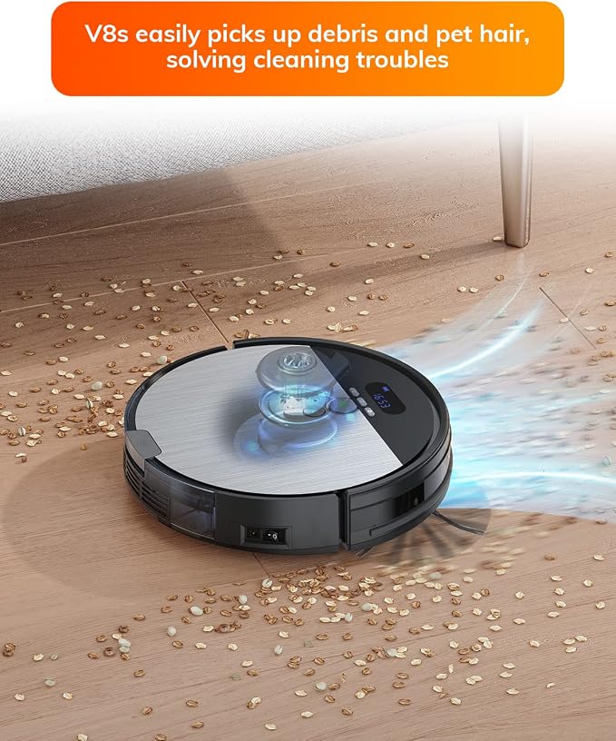 V8s Robot Vacuum and Mop Combo, Big 750ml Dustbin, Enhanced Suction Inlet, Zigzag Cleaning Path, LCD Display, Schedule