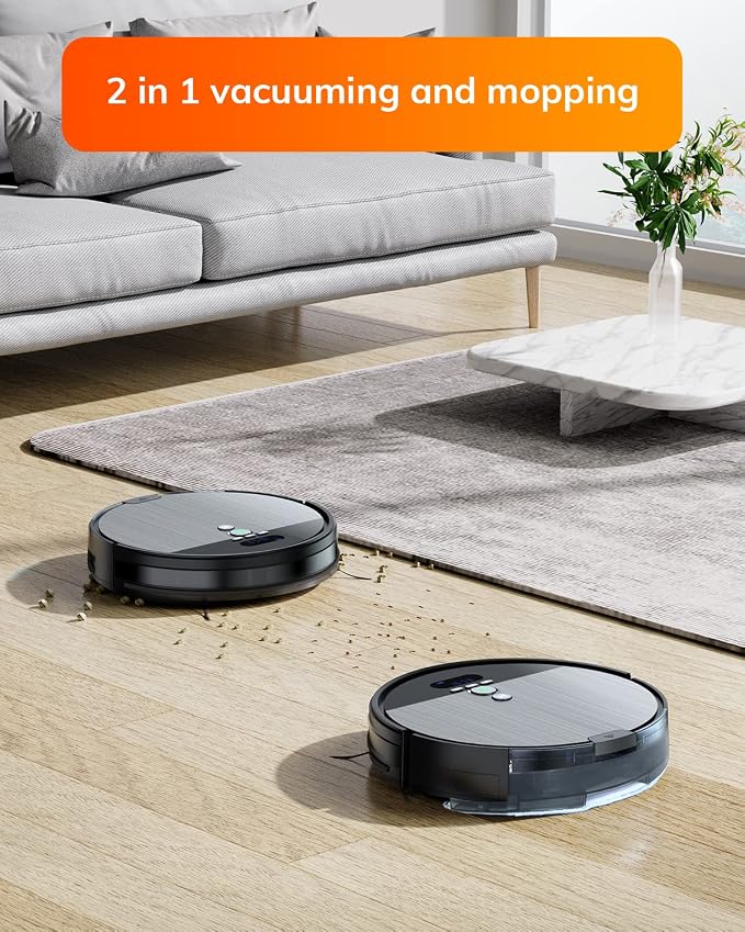 V8s Robot Vacuum and Mop Combo, Big 750ml Dustbin, Enhanced Suction Inlet, Zigzag Cleaning Path, LCD Display, Schedule