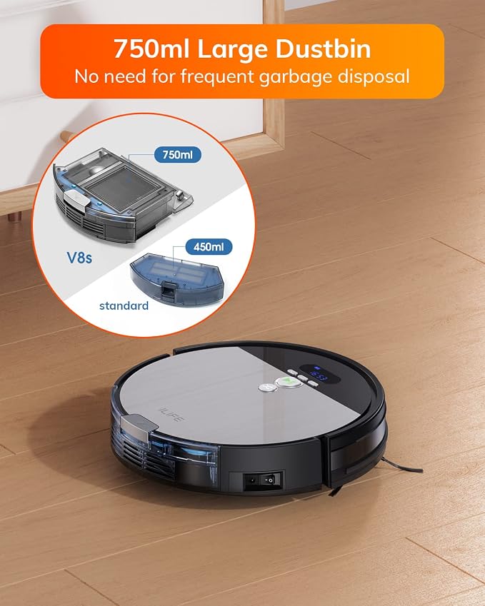 V8s Robot Vacuum and Mop Combo, Big 750ml Dustbin, Enhanced Suction Inlet, Zigzag Cleaning Path, LCD Display, Schedule
