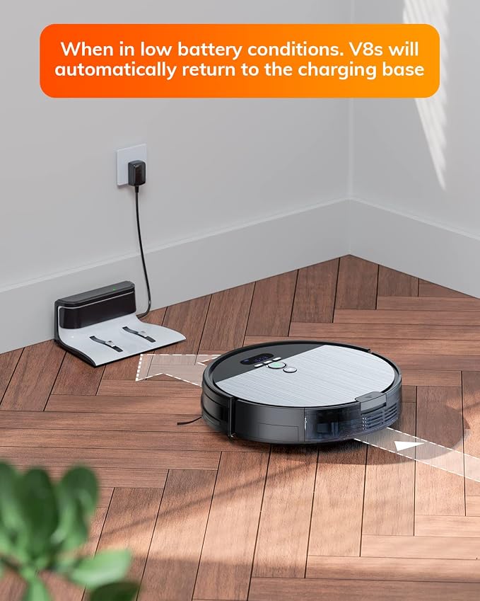 V8s Robot Vacuum and Mop Combo, Big 750ml Dustbin, Enhanced Suction Inlet, Zigzag Cleaning Path, LCD Display, Schedule