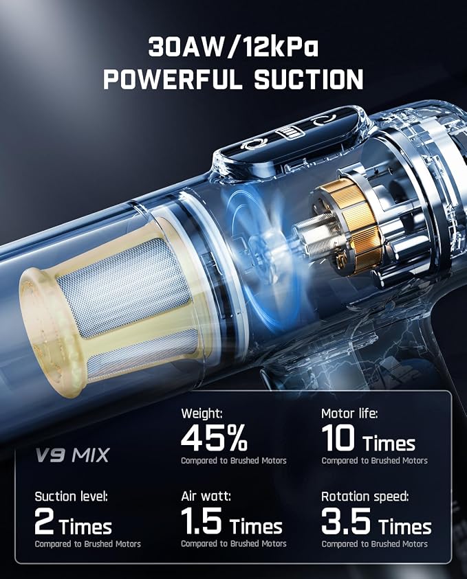 ® V9 Mix Car Vacuum, 4 in 1 Handheld Air Duster, 12000PA Suction Power with Smart LED Display, alternate product view 3