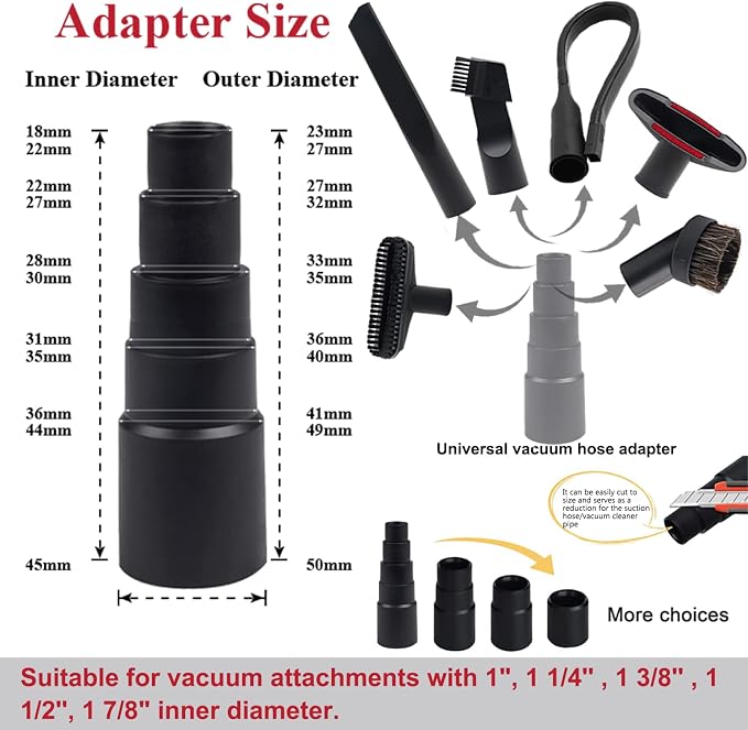 Vacuum Brush Attachment 1 1/4 inch Round Soft Horse Hair Vacuum Brush Bristle with 2 1/2" to 1 1/4" Vacuum Hose Adapter Kit