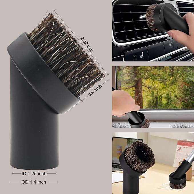 Vacuum Brush Attachment 1 1/4 inch Round Soft Horse Hair Vacuum Brush Bristle with 2 1/2" to 1 1/4" Vacuum Hose Adapter Kit