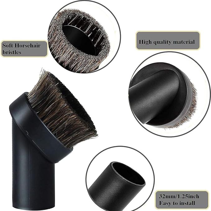 Vacuum Brush Attachment 1 1/4 inch Round Soft Horse Hair Vacuum Brush Bristle with 2 1/2" to 1 1/4" Vacuum Hose Adapter Kit