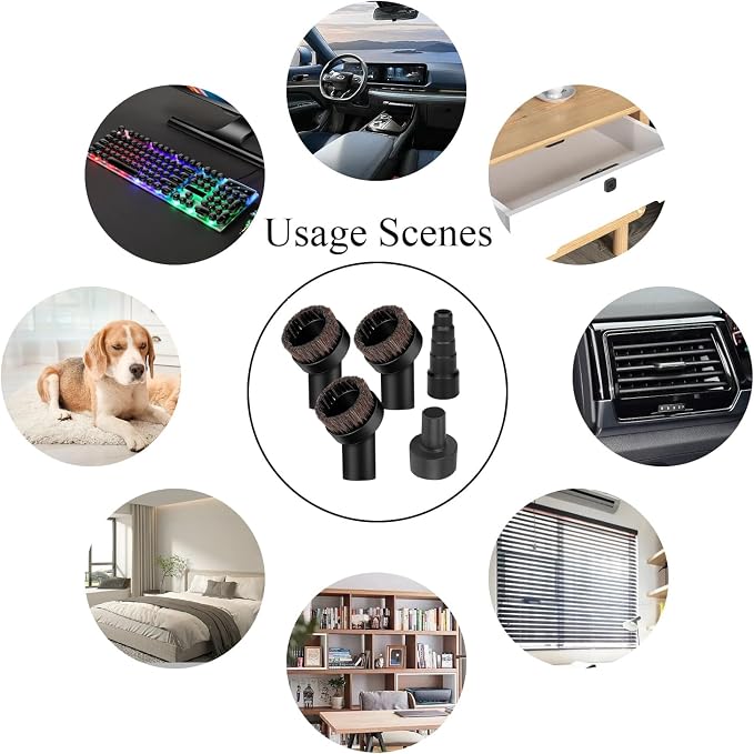 Vacuum Brush Attachment 1 1/4 inch Round Soft Horse Hair Vacuum Brush Bristle with 2 1/2" to 1 1/4" Vacuum Hose Adapter Kit