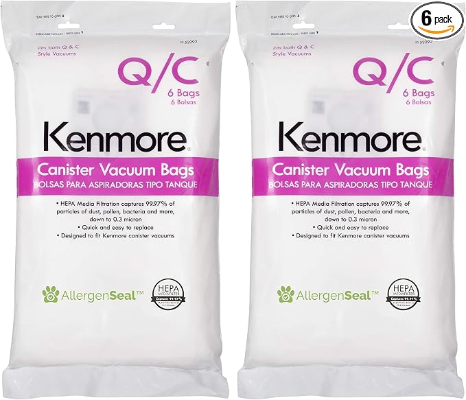 Vacuum Cleaner Bags, Type Q, 6 Count, Pack of 2 | HEPA Filtration | For Canister Vacuum | Compatible with Multiple Models