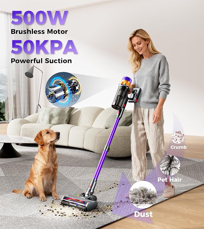 Vacuum Cordless Vacuum Cleaner, 500W 50KPA 60Mins Vacuum Cleaners for Home, Self-Standing Stick Vacuums with LED Display