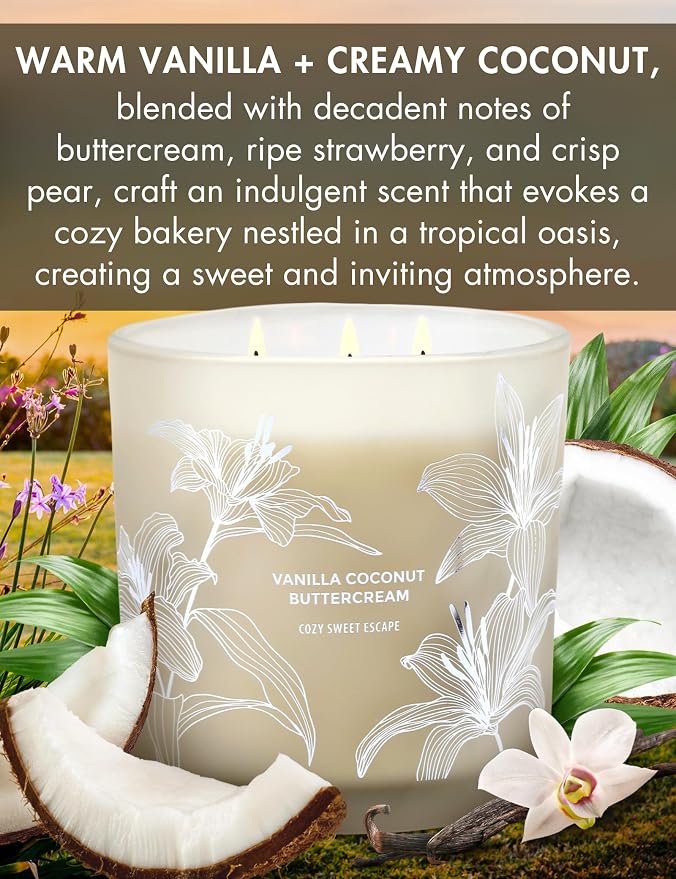 Vanilla Coconut Buttercream Candle, 14.5oz Large 3-Wick Soy Scented Candles for Home, Vanilla Cupcake Candle, alternate