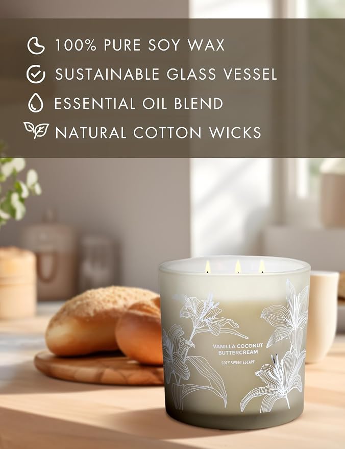 Vanilla Coconut Buttercream Candle, 14.5oz Large 3-Wick Soy Scented Candles for Home, Vanilla Cupcake Candle, alternate