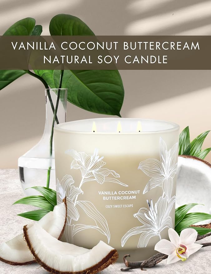 Vanilla Coconut Buttercream Candle, 14.5oz Large 3-Wick Soy Scented Candles for Home, Vanilla Cupcake Candle, alternate