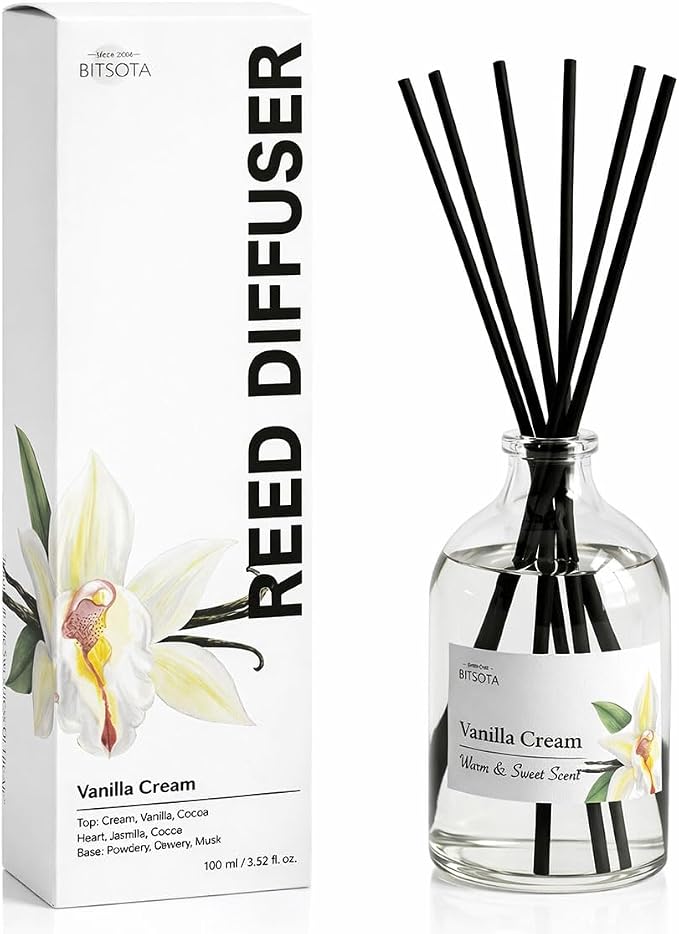 Vanilla Cream Reed Diffuser Set for Bathroom & Home, Long Lasting Essential Oil Aroma, Glass Bottle Home Fragrance with