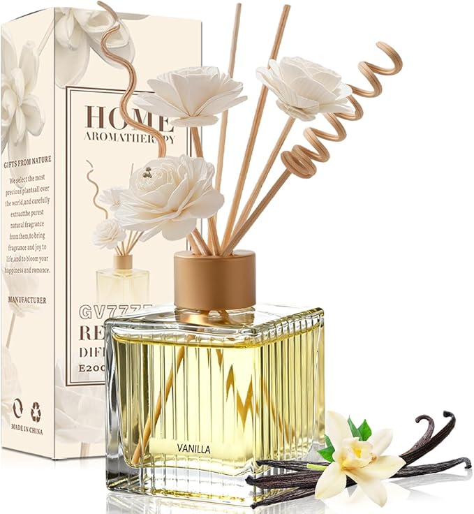 Vanilla Reed Diffuser Set - 6.7 oz Glass Bottle with 4 Rattan Sticks, 3 Dried Flowers | Adjustable, Long-Lasting Scent for