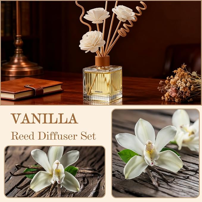 Vanilla Reed Diffuser Set - 6.7 oz Glass Bottle with 4 Rattan Sticks, 3 Dried Flowers | Adjustable, Long-Lasting Scent for