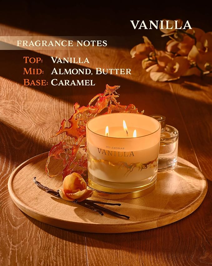 Vanilla Scented Candles - 100% Natural Soy Wax - Large 3 Wick Jar Candle - Up to 50 Hours Burning Time - Candles for Home