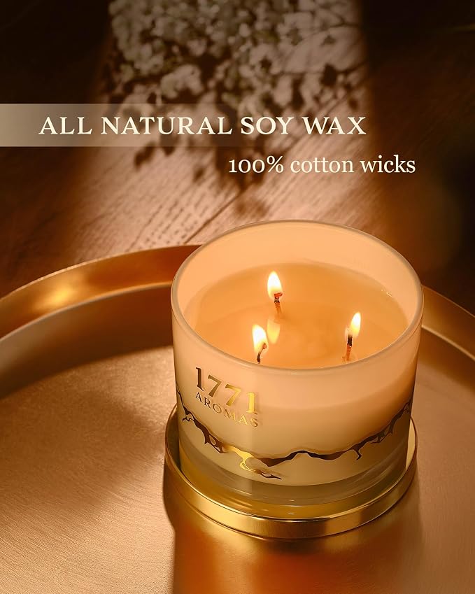Vanilla Scented Candles - 100% Natural Soy Wax - Large 3 Wick Jar Candle - Up to 50 Hours Burning Time - Candles for Home