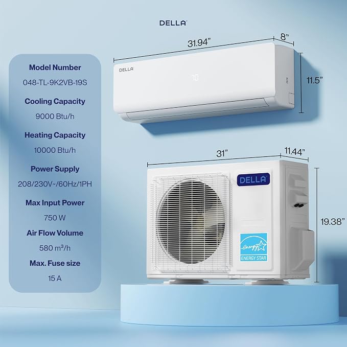 Vario Series 9000 BTU Mini Split Air Conditioner, Work with Alexa and Wifi, 20 SEER2, Energy Star, 0.75 Ton, Cools Up to 400