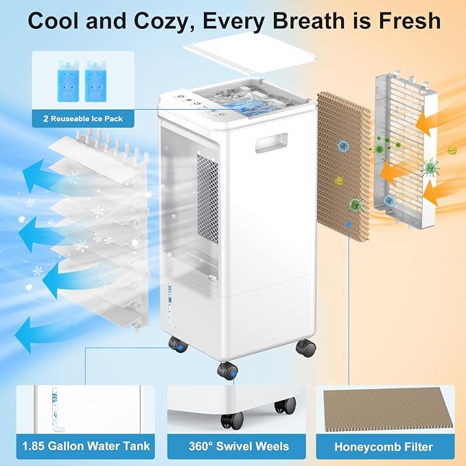 Versatile Evaporative Cooler - 3-Mode Portable AC Unit with Removable 2Gal Tank & Convenient Built-in Carrying Handle003