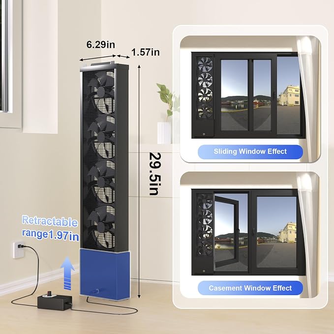 Vertical Window Fan for Sliding Windows, Metal Casement Window Fan, No Drilling Required Installation Waterproof, Adjustable