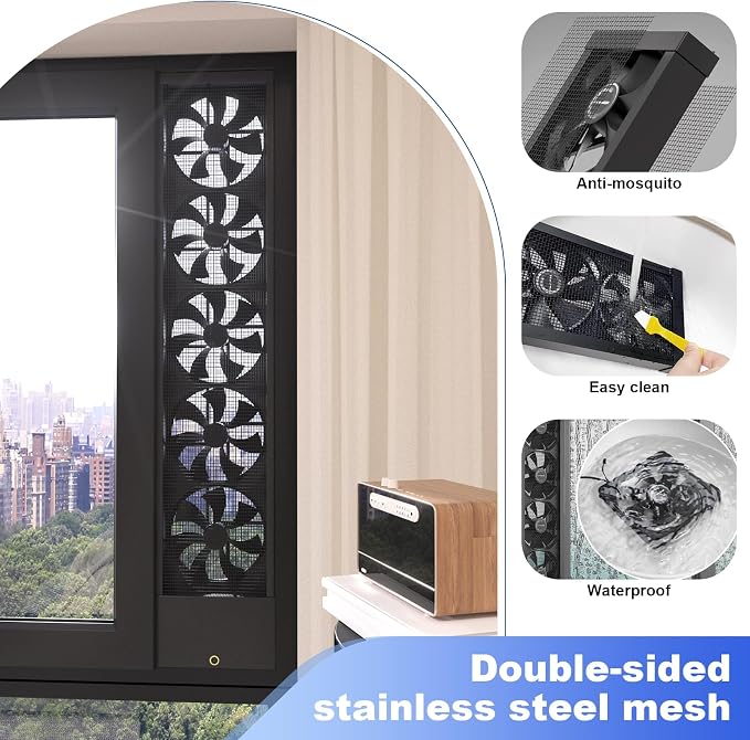 Vertical Window Fan for Sliding Windows, Metal Casement Window Fan, No Drilling Required Installation Waterproof, Adjustable