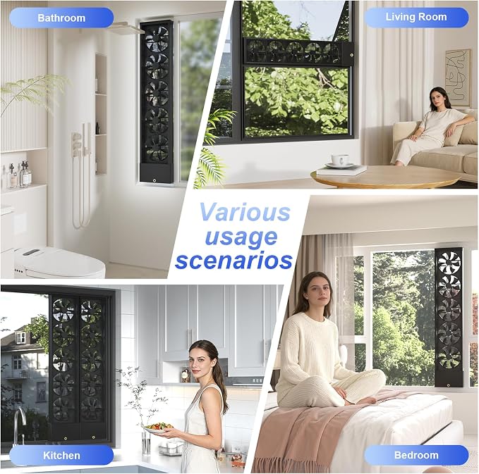 Vertical Window Fan for Sliding Windows, Metal Casement Window Fan, No Drilling Required Installation Waterproof, Adjustable