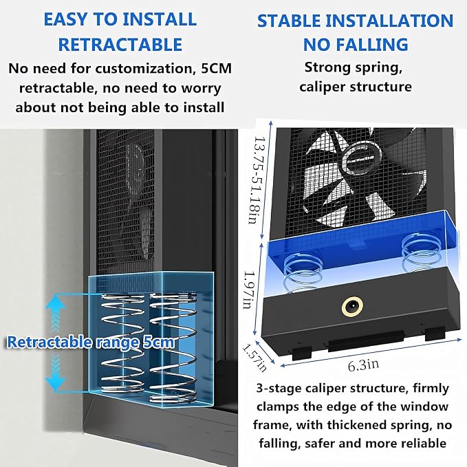 Vertical Window Fan For Sliding Windows, Window Exhaust Fan, Retractable, Free With Variable Speed for Bedrooms Smoky Spaces