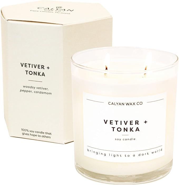 . Vetiver & Tonka 2 Wick Scented Candle - 37 Hour Burn - Luxury made from natural materials Soy Wax Candles, product image
