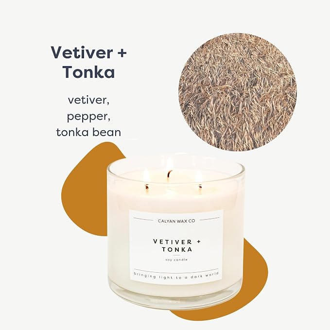 . Vetiver & Tonka 3 Wick Scented Candle - 43 Hour Burn - Luxury 3 Wick Soy Candles, alternate product view 2