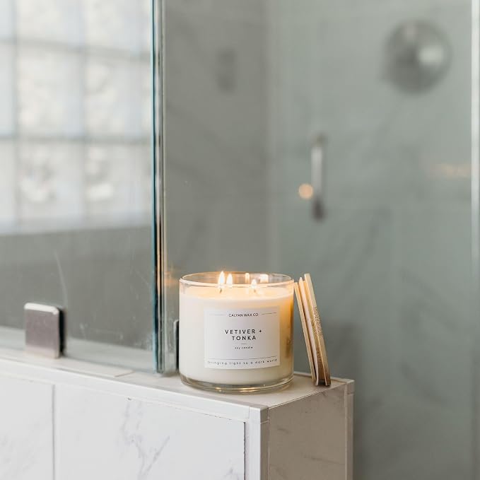 . Vetiver & Tonka 3 Wick Scented Candle - 43 Hour Burn - Luxury 3 Wick Soy Candles, alternate product view 7