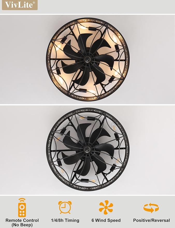 Victorian Vintage Caged Ceiling Fan with Light,Low Profile Rustic Flush Mount Light Fixture with Crystal Details Bladeless