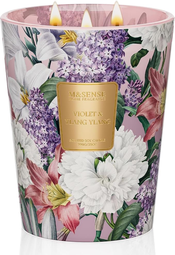 Violet YlangYlang Scented Candle, 3 Wick Soy Natural Wax Candles, 35oz 150H Long Lasting, Aromatherapy Sleep Calm Home