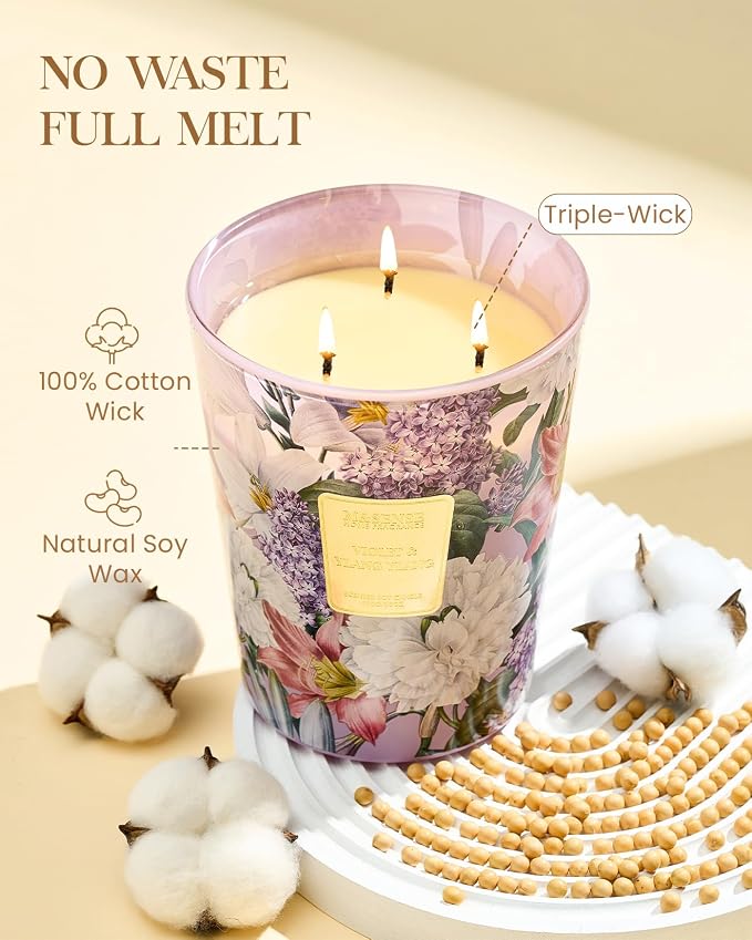 Violet YlangYlang Scented Candle, 3 Wick Soy Natural Wax Candles, 35oz 150H Long Lasting, Aromatherapy Sleep Calm Home