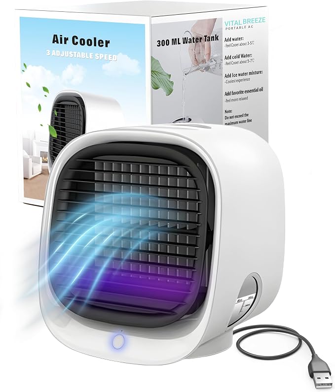 Vital Breeze Portable AC Evaporative Air Cooler Vital Breeze Portable Air Conditioner portable 300 mL Water Tank, < 40 dB