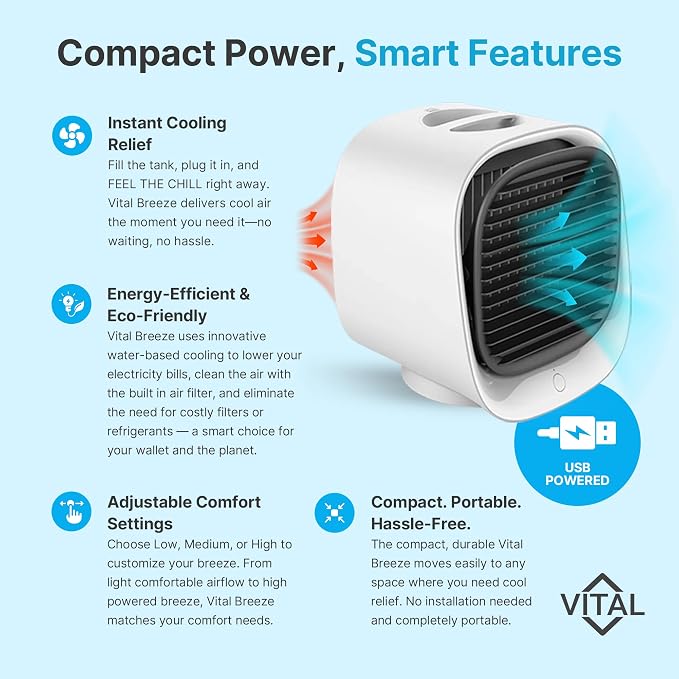 Vital Breeze Portable AC Evaporative Air Cooler Vital Breeze Portable Air Conditioner portable 300 mL Water Tank, < 40 dB
