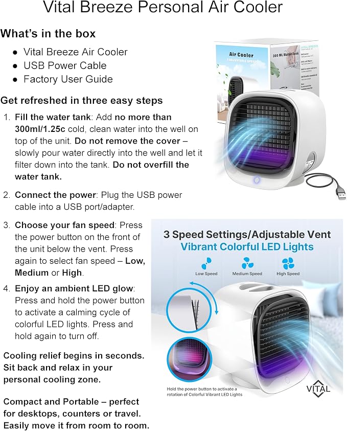 Vital Breeze Portable AC Evaporative Air Cooler Vital Breeze Portable Air Conditioner portable 300 mL Water Tank, < 40 dB