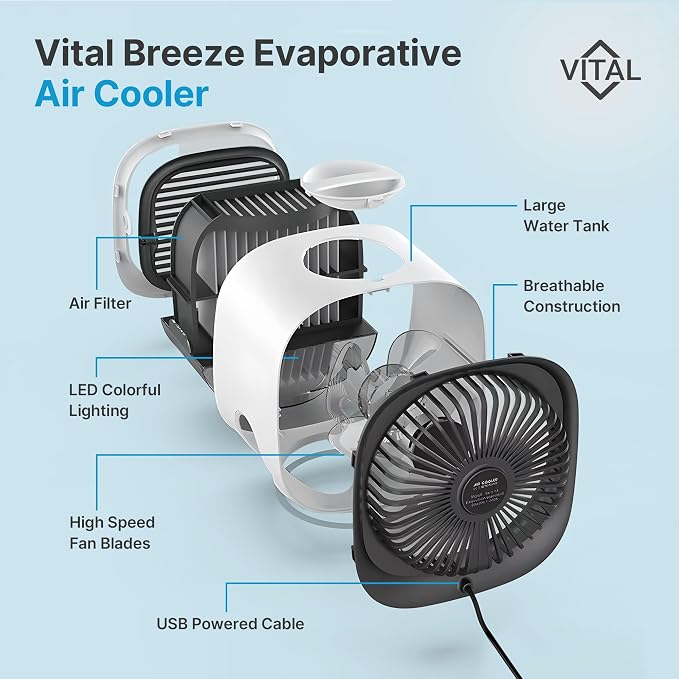 Vital Breeze Portable AC Evaporative Air Cooler Vital Breeze Portable Air Conditioner portable 300 mL Water Tank, < 40 dB