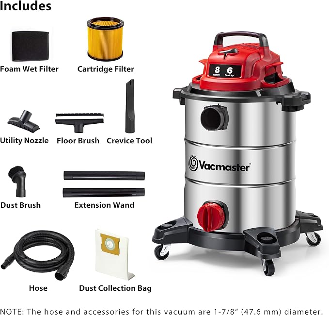VOC812SF 1101 8-Gallon Premium Stainless Steel Wet/Dry Vacuum, Red Edition, 8 Gal, alternate product view 2