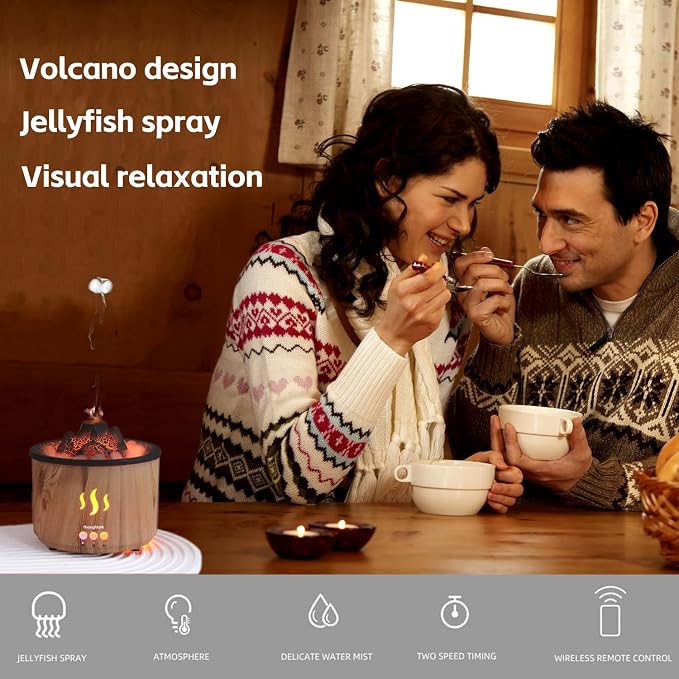 Volcano Essential Oil Diffuser with Jellyfish Mist - 260ml Ultrasonic Aromatherapy Diffuser, Color-Changing LED, Quiet