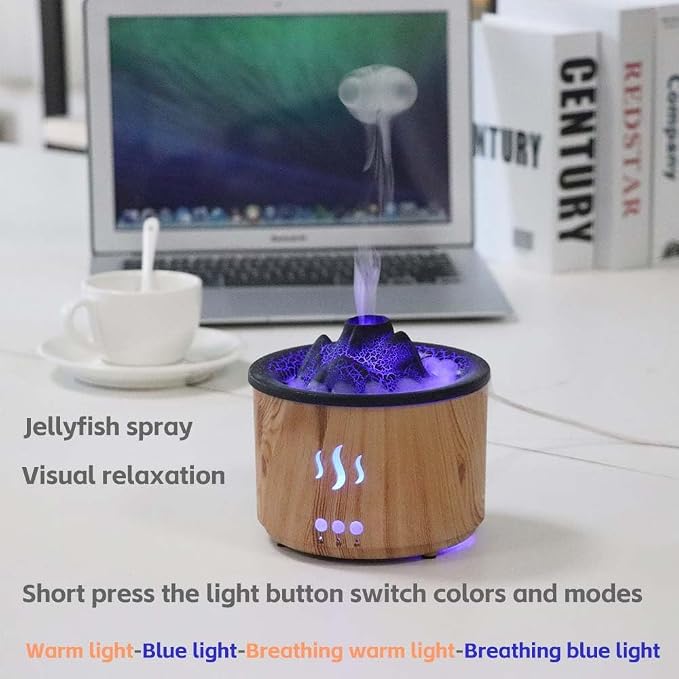 Volcano Essential Oil Diffuser with Jellyfish Mist - 260ml Ultrasonic Aromatherapy Diffuser, Color-Changing LED, Quiet