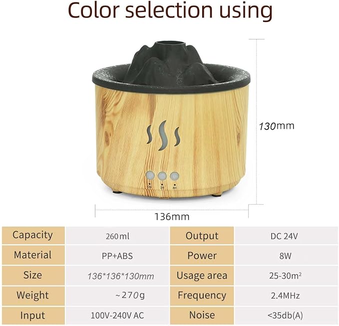 Volcano Essential Oil Diffuser with Jellyfish Mist - 260ml Ultrasonic Aromatherapy Diffuser, Color-Changing LED, Quiet