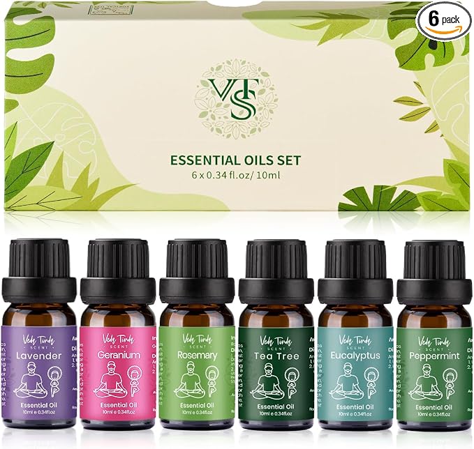 VTS Essential Oils Set (6 x 10ml) - Lavender, Peppermint, Eucalyptus, Tea Tree, Geranium, Rosemary, product image