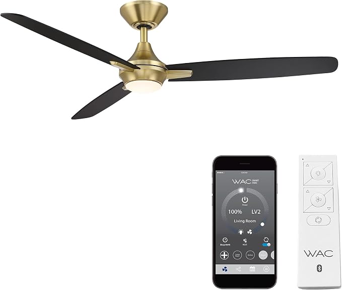 WAC F-060L-SB/MB Blitzen 54" Outdoor Ceiling Fan with LED Lights and Remote, Soft Brass Matte Black, product image