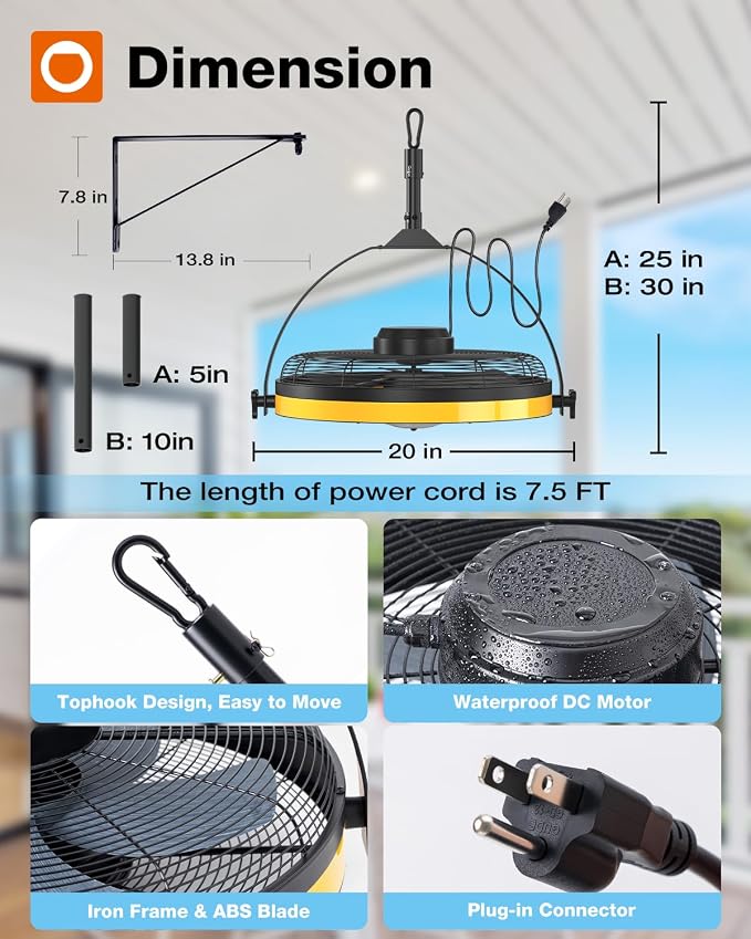 Wall Mount Fan with Light, 20 inch Waterproof Plug Outdoor Ceiling Fan with Remote&APP Control, 360° Adjustable Tilt, 6