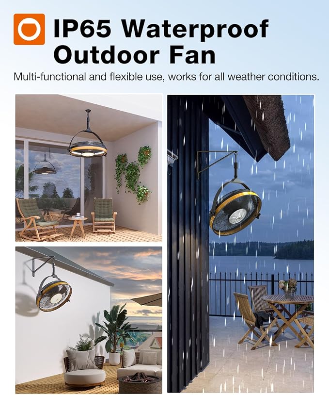 Wall Mount Fan with Light, 20 inch Waterproof Plug Outdoor Ceiling Fan with Remote&APP Control, 360° Adjustable Tilt, 6