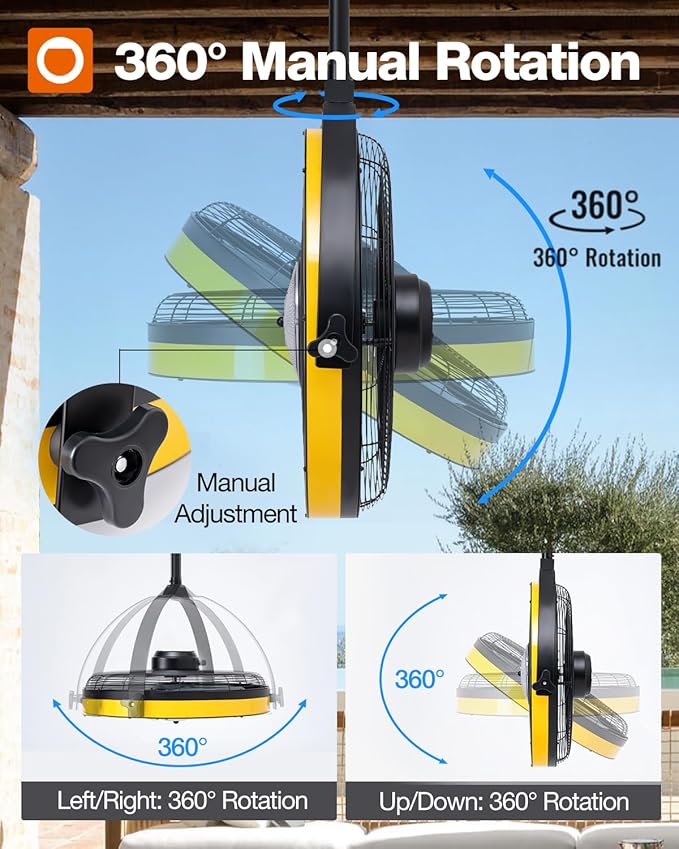 Wall Mount Fan with Light, 20 inch Waterproof Plug Outdoor Ceiling Fan with Remote&APP Control, 360° Adjustable Tilt, 6