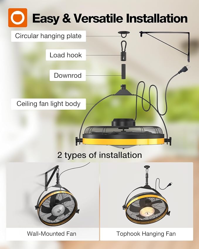 Wall Mount Fan with Light, 20 inch Waterproof Plug Outdoor Ceiling Fan with Remote&APP Control, 360° Adjustable Tilt, 6