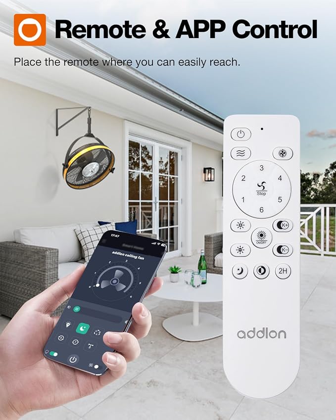 Wall Mount Fan with Light, 20 inch Waterproof Plug Outdoor Ceiling Fan with Remote&APP Control, 360° Adjustable Tilt, 6