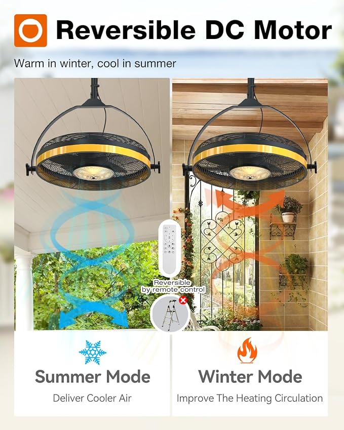 Wall Mount Fan with Light, 20 inch Waterproof Plug Outdoor Ceiling Fan with Remote&APP Control, 360° Adjustable Tilt, 6
