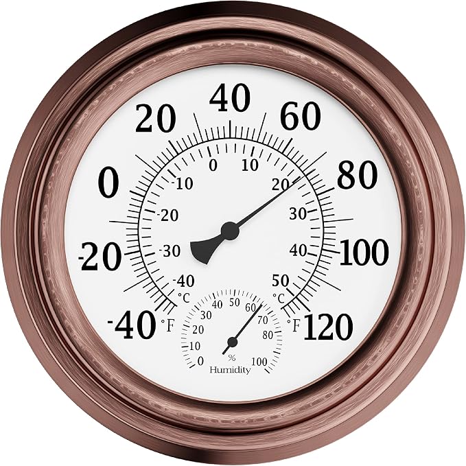 Wall Thermometer - 8-Inch Decorative Indoor/Outdoor Temperature and Hygrometer Gauge - for Home, Patio, Porch, or Sunroom by