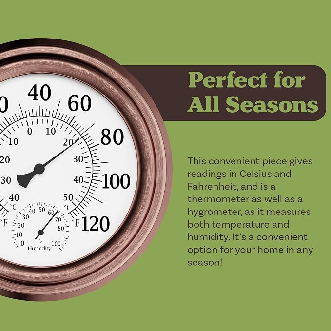 Wall Thermometer - 8-Inch Decorative Indoor/Outdoor Temperature and Hygrometer Gauge - for Home, Patio, Porch, or Sunroom by